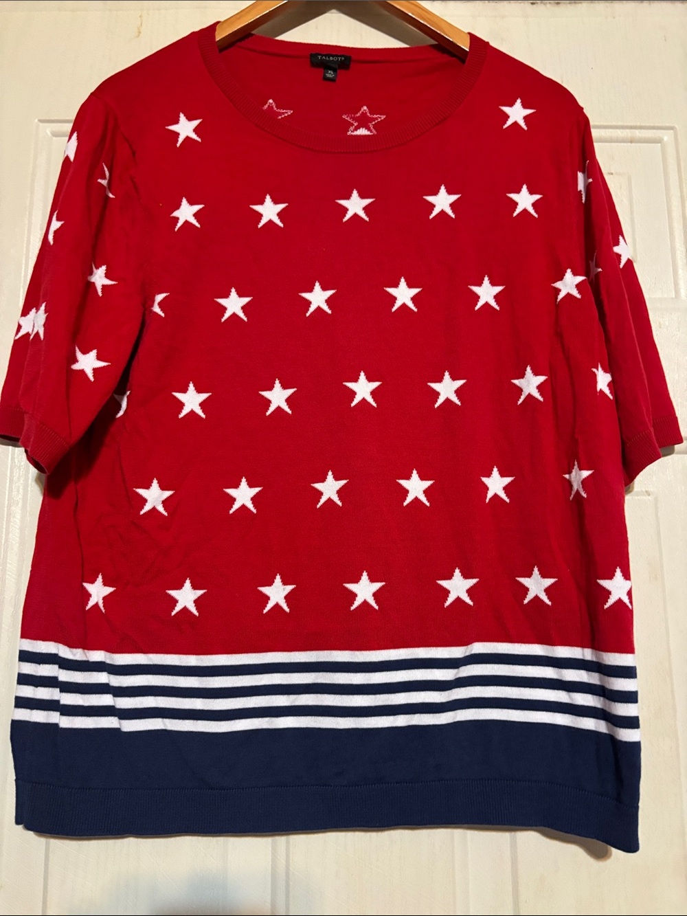 Talbots Red Short-Sleeve Star Knit Top with Navy Stripe Hem